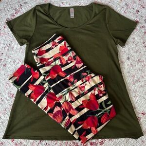 LuLaRoe UNICORN OS Tulip Leggings EUC with matching green Classic Tee GUC